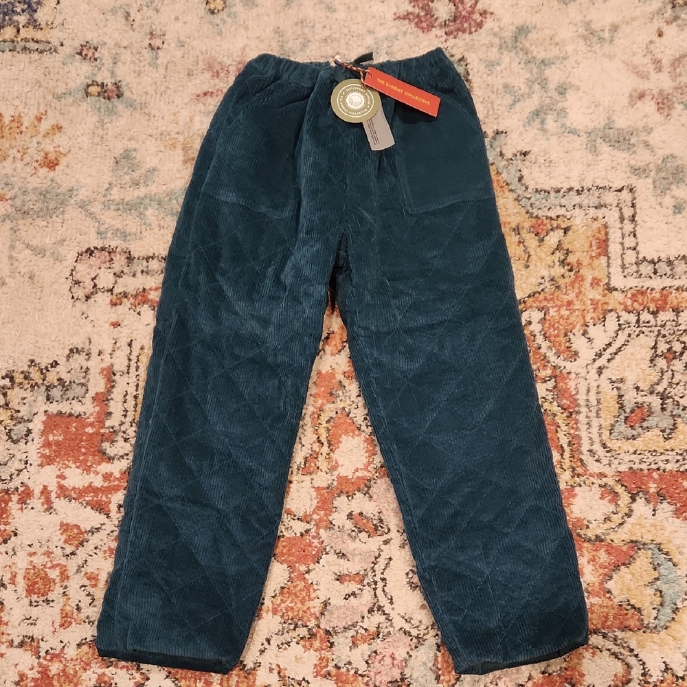 Nwt Back To School The Sunday Collective Teal Quilted Velour Pants Unisex